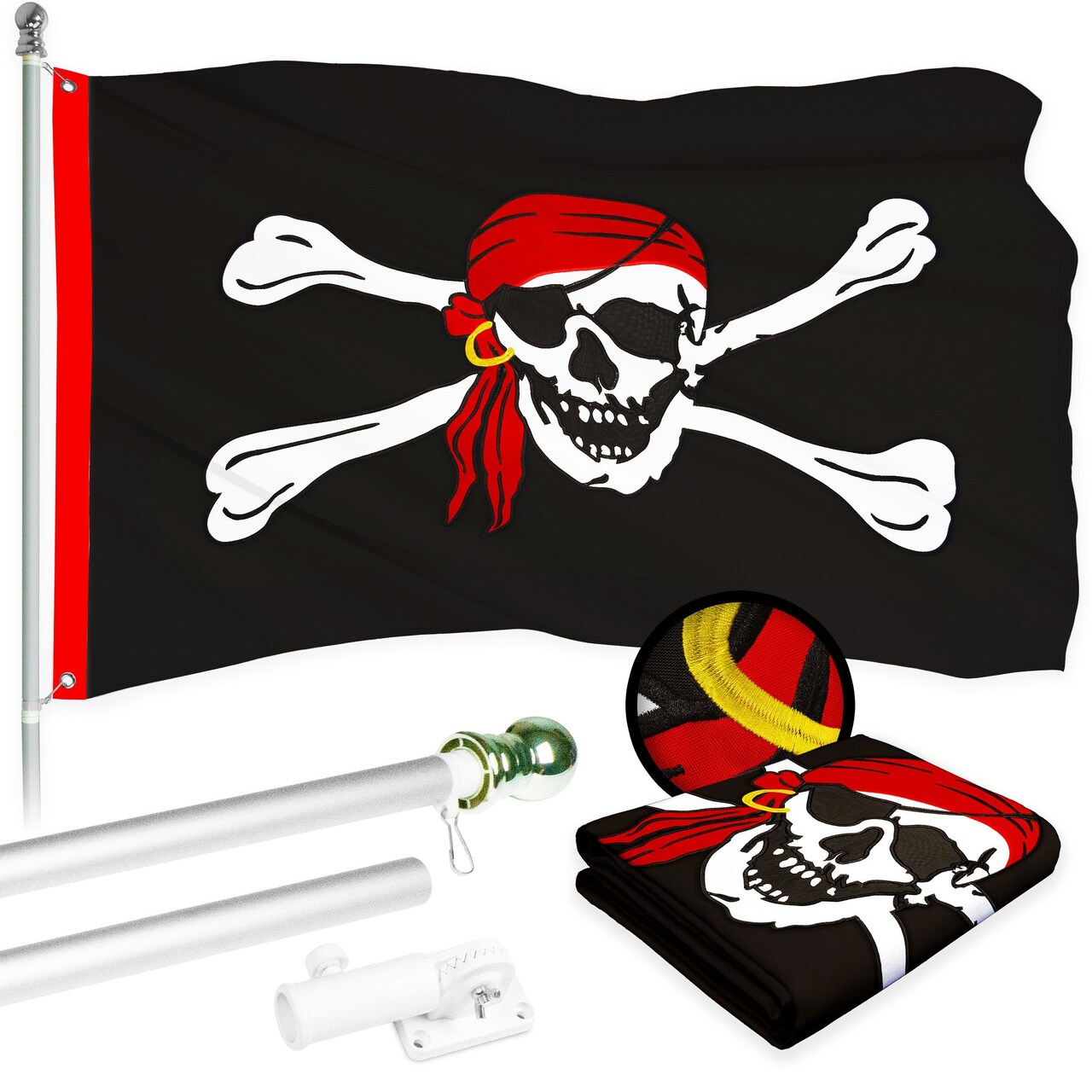G128 Combo Pack: 6 Ft Tangle Free Aluminum Spinning Flagpole (Silver) & Pirate Jolly Roger Red Head Scarf Flag 3x5 Ft, ToughWeave Series Embroidered 300D Polyester | Pole with Flag Included